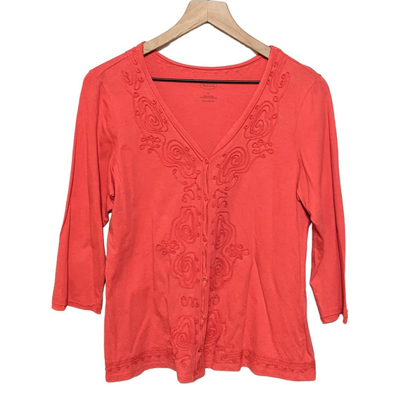 Talbots Womens Embroidered Cardigan Sweater Size M Red Button Up Long Sleeve - Picture 1 of 3